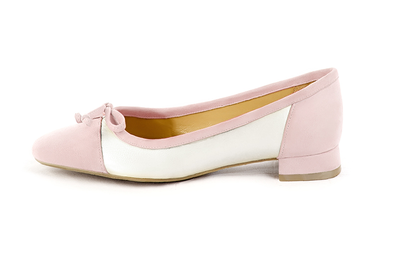 Powder pink and pure white women's ballet pumps, with low heels. Square toe. Flat flare heels - Florence KOOIJMAN